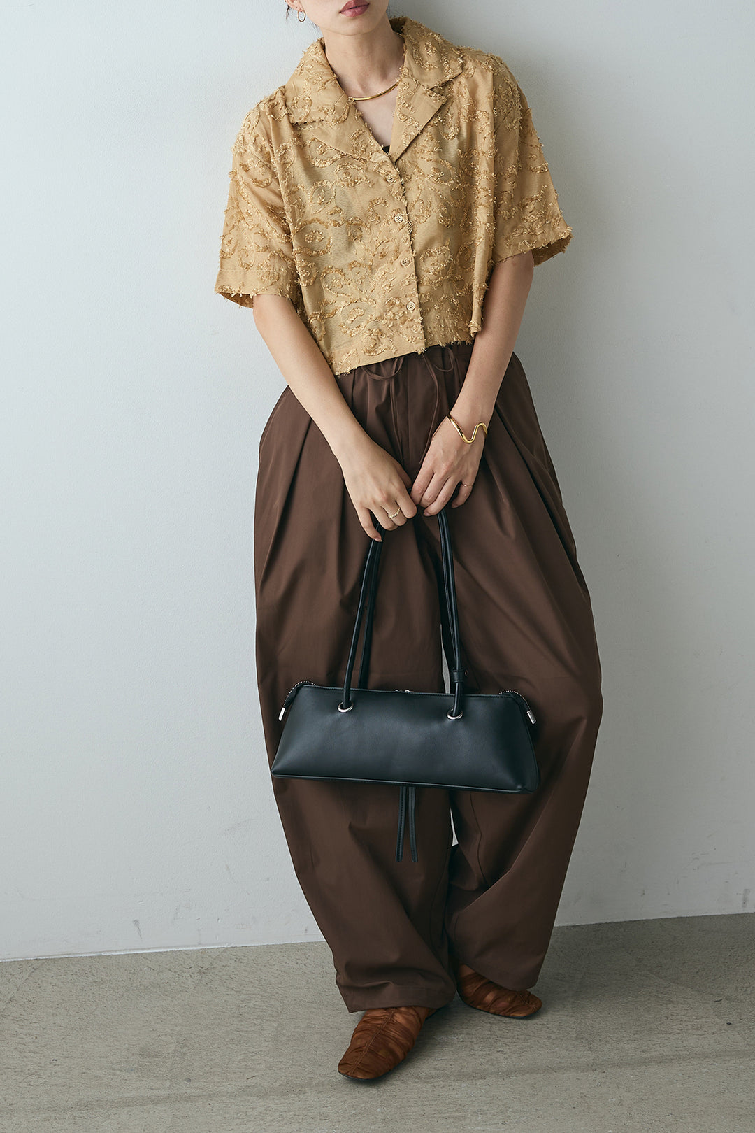 [SET]半袖オープンカラージャガード柄シャツ+タックワイドリラックスパンツ(2set)