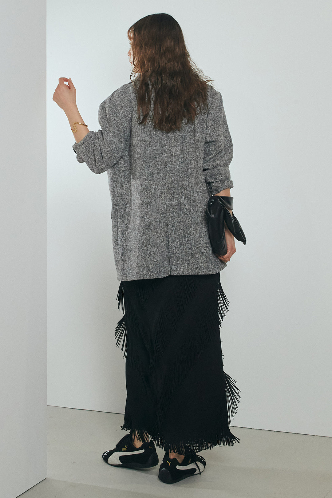 [SET]ミックスツイードベルト付きジャケット+斜めフリンジデザインスカート(2set)