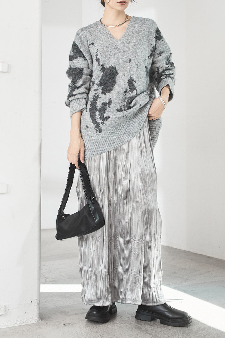 [SET]アブストラクト柄ニットプルオーバー+ベロアロングプリーツスカート(2set)