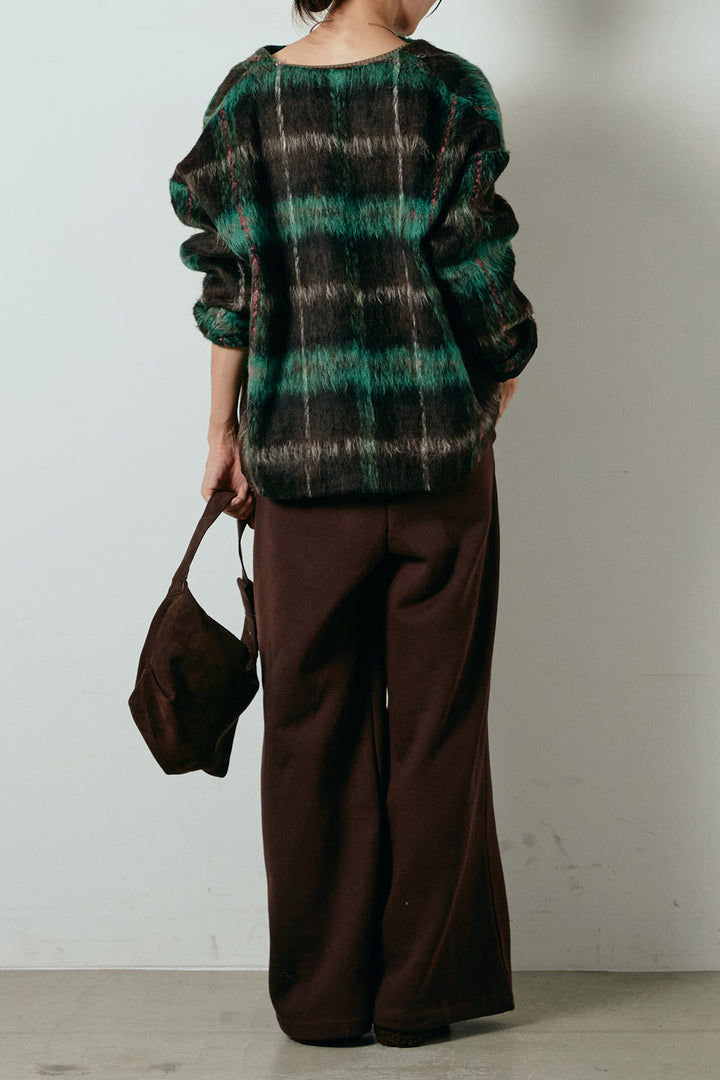 [SET]ノーカラーシャギーチェックアウター+裏起毛スウェットワイドパンツ(2set)