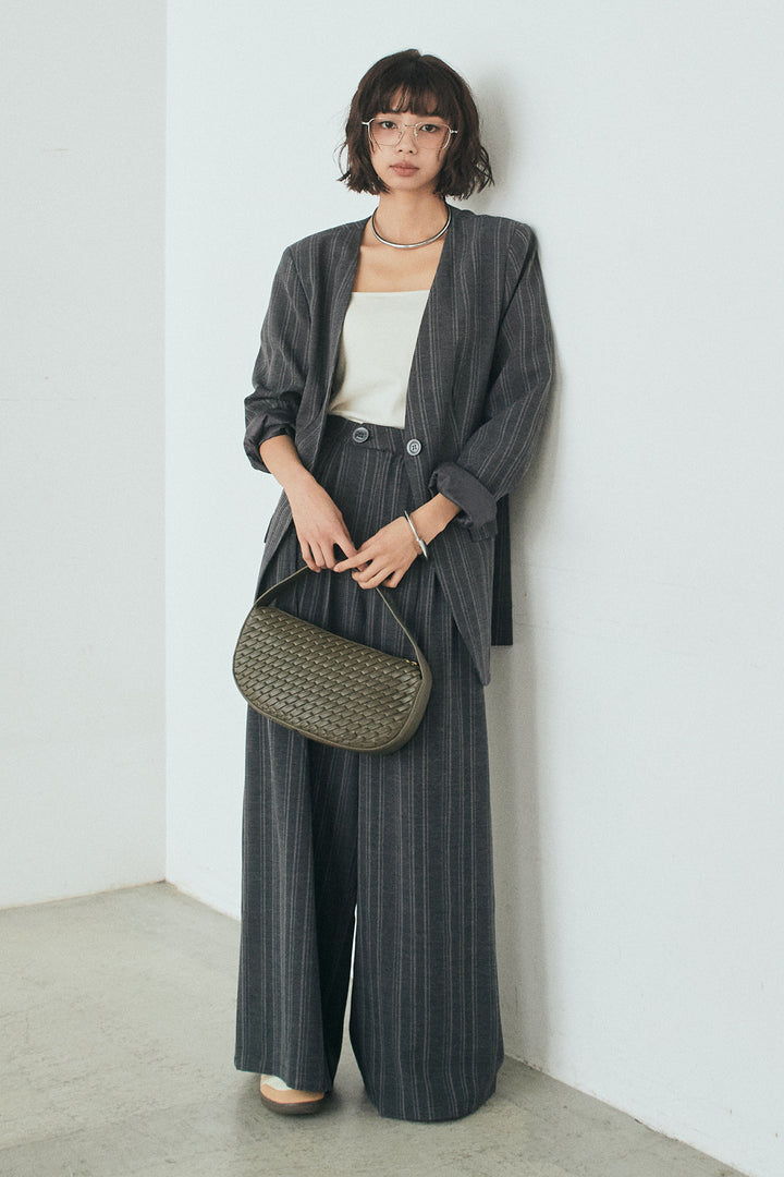 [SET]ノーカラーピンストライプジャケット+ピンストライプワイドスラックス(2set)