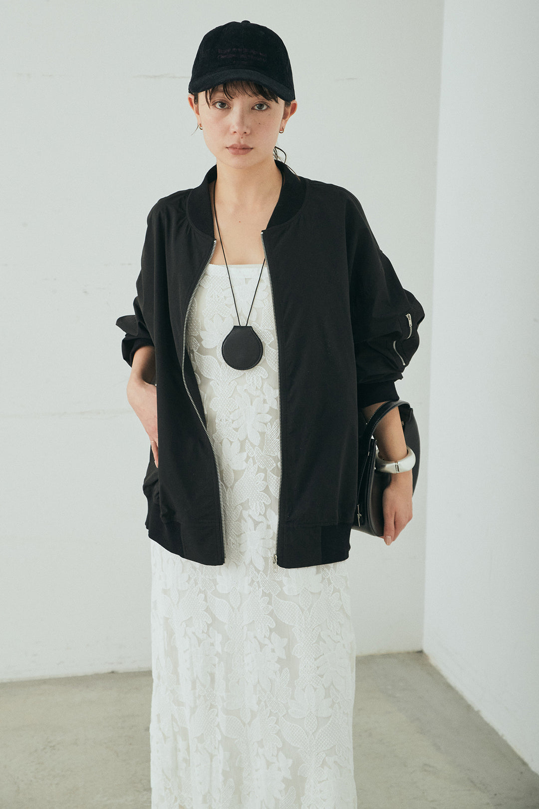 [SET]袖シャーリングオーバーサイズMA1+総レースキャミワンピース(2set)