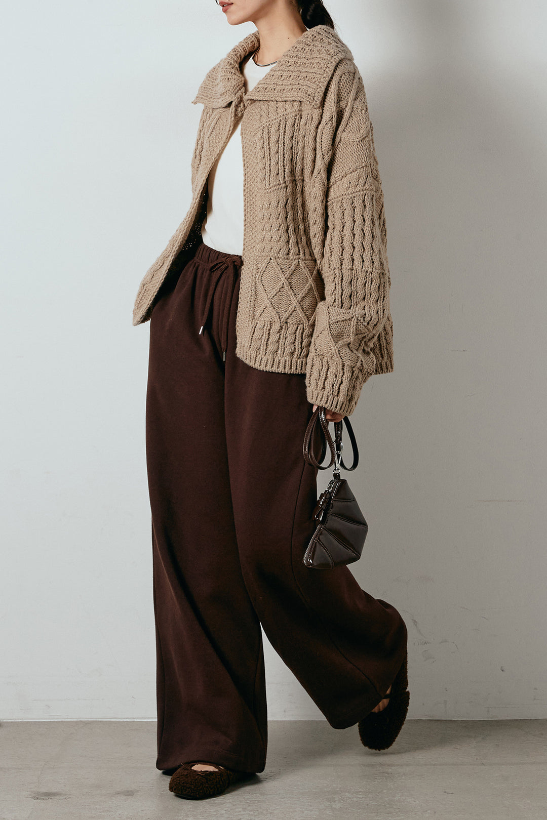 [SET]ビッグカラーケーブル編みニットトップス+2WAY袖コード刺繍クルーネックプルオーバー+裏起毛スウェットワイドパンツ(3set)