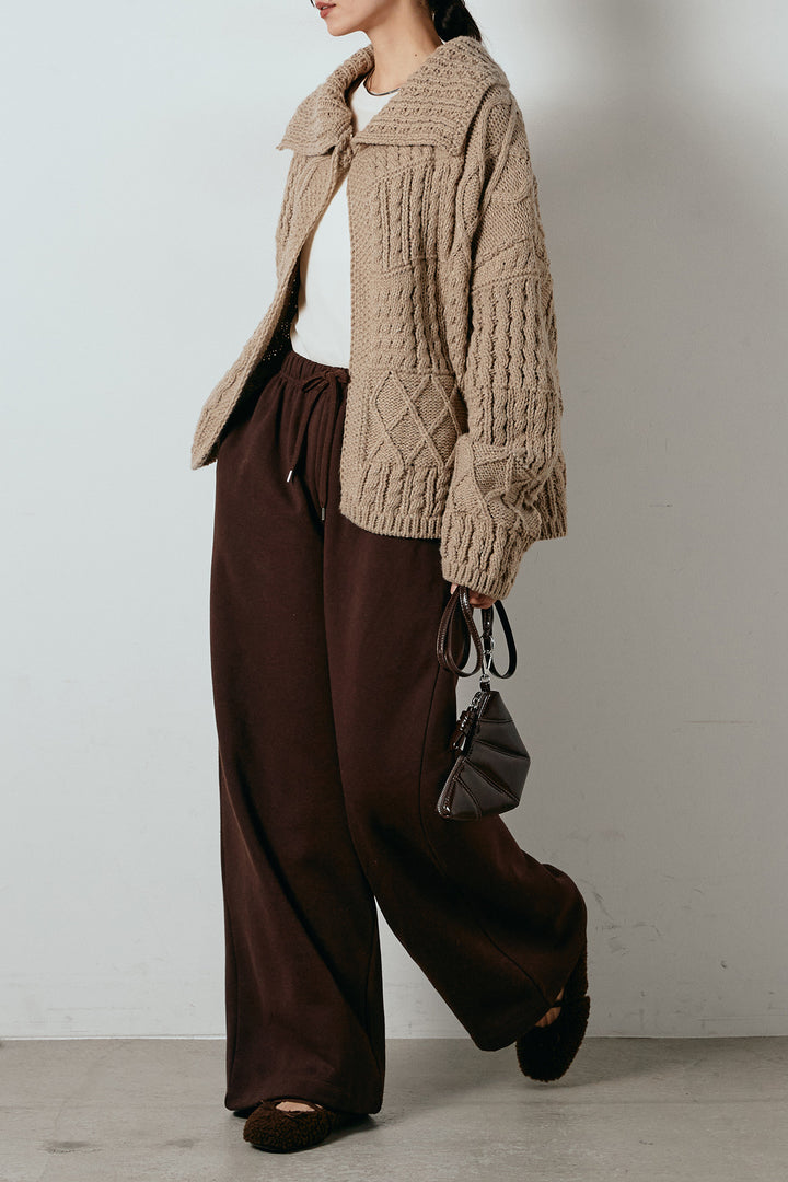 [SET]ビッグカラーケーブル編みニットトップス+2WAY袖コード刺繍クルーネックプルオーバー+裏起毛スウェットワイドパンツ(3set)