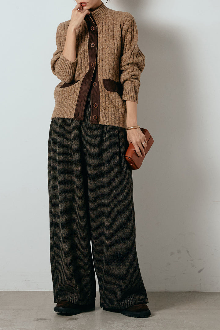 [SET]ボトルネックケーブルニットカーディガン+起毛タック入りツイードワイドパンツ(2set)
