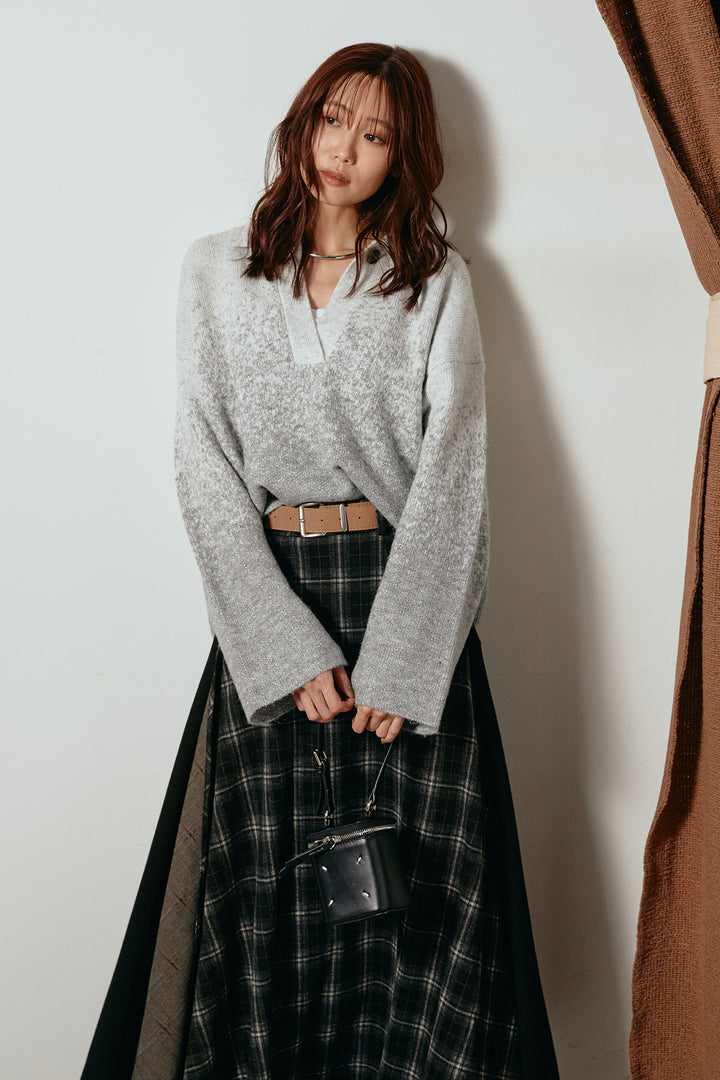 [SET]グラデーションラメニットキーネックプルオーバー+フェイクレザーベルト付き切り替えタータンチェックスカート(2set)