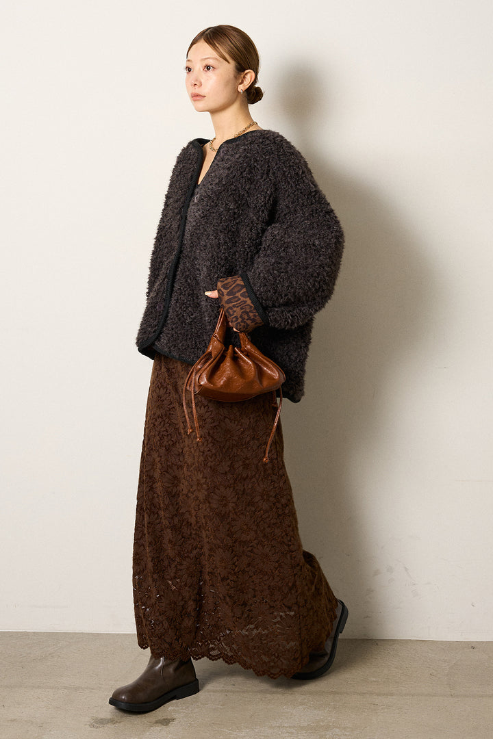 [SET]ノーカラー裏地レオパードボアアウター+花柄刺繍ベロアフレアスカート(2set)