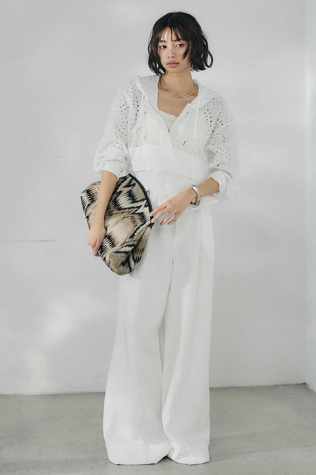 [SET]レースハーフジップアップフーディー+リネン混タックストレートワイドパンツ(2set)