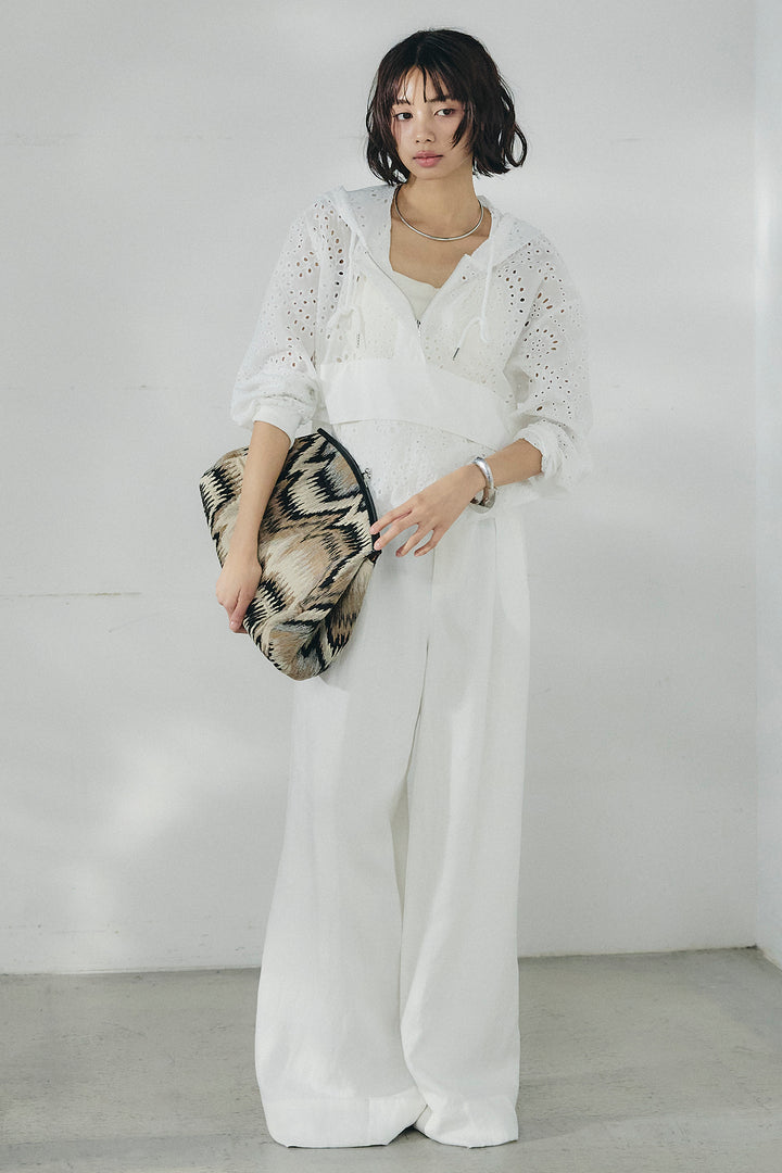 [SET]レースハーフジップアップフーディー+リネン混タックストレートワイドパンツ(2set)