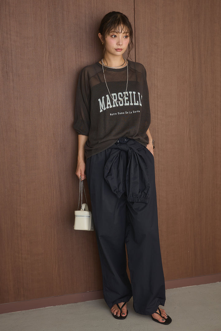 [SET]ロゴプリントシアーニット+合繊維ツイルウエスト巻きジョガーパンツ(2set)