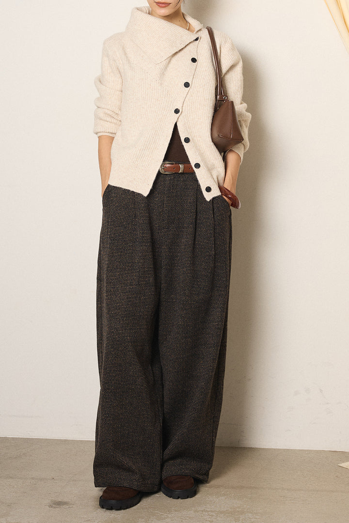 [SET]ボタンデザインネックニットプルオーバー+起毛タック入りツイードワイドパンツ(2set)