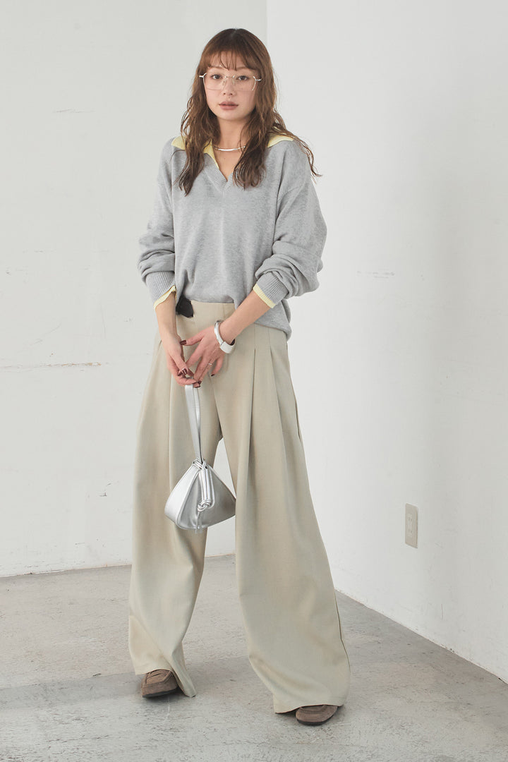 [SET]バイカラーニットレイヤード風プルオーバー+サイドベルトタック入りスラックス(2set)