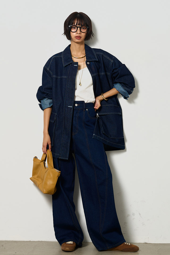 【即納】ステッチデザインデニムジップジャケット