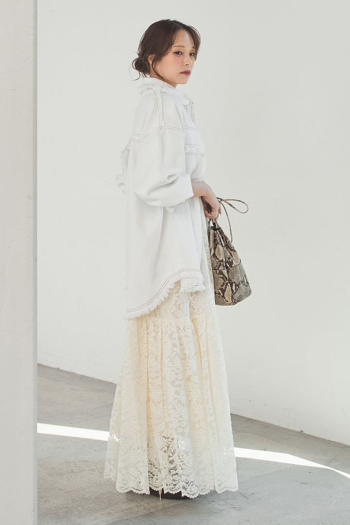 [SET]フリンジデニムジャケット+レース刺繍フレアキャミワンピース(2set)