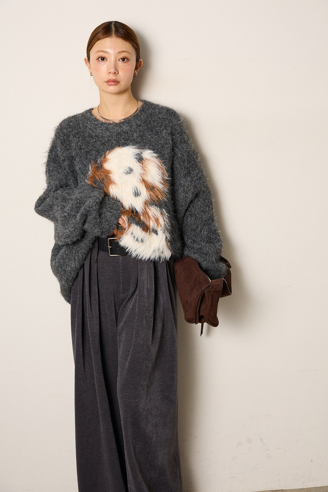 [SET]シャギーニュアンスアニマルニット+ベルトループコーデュロイワイドパンツ(2set)