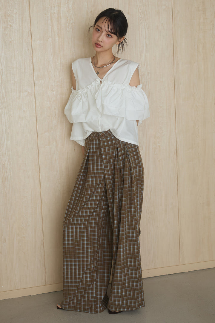 [SET]ブロード2wayフリルトップス+ツータックチェックワイドパンツ(2set)