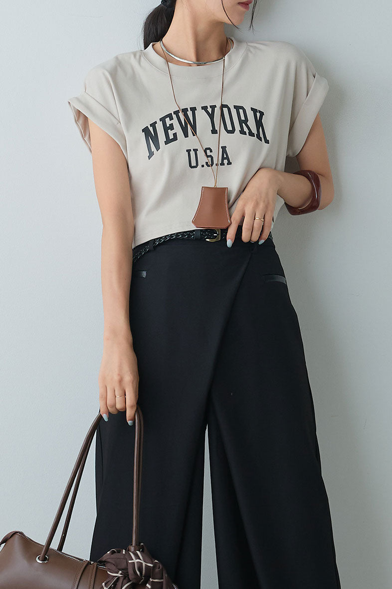 [SET]ショート丈NEWYORKロゴTシャツ+ベルト付きクロスデザインパンツ(2set)