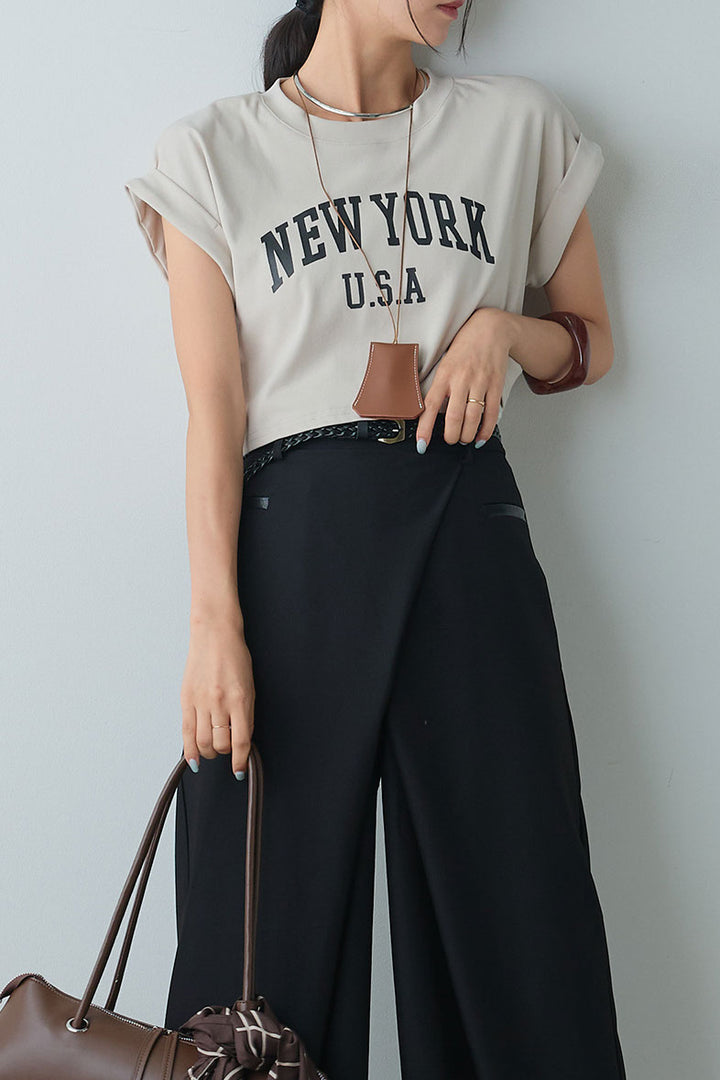 [SET]ショート丈NEWYORKロゴTシャツ+ベルト付きクロスデザインパンツ(2set)