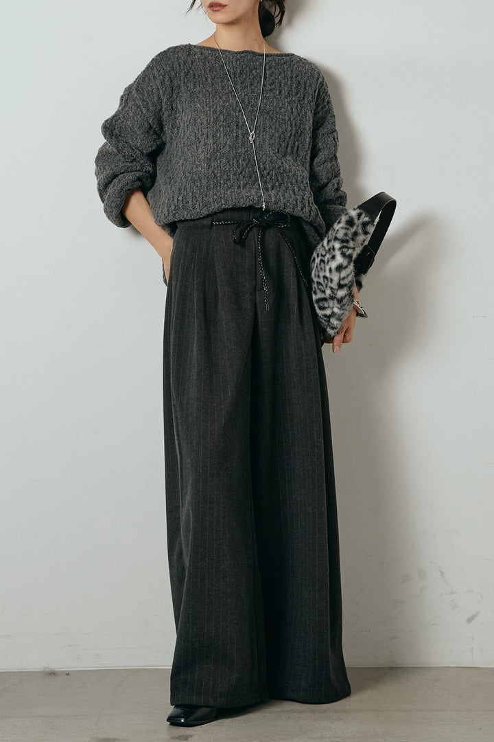 [SET]ボリューム編みニットプルオーバー+編みベルト付きピンストライプワイドパンツ(2set)