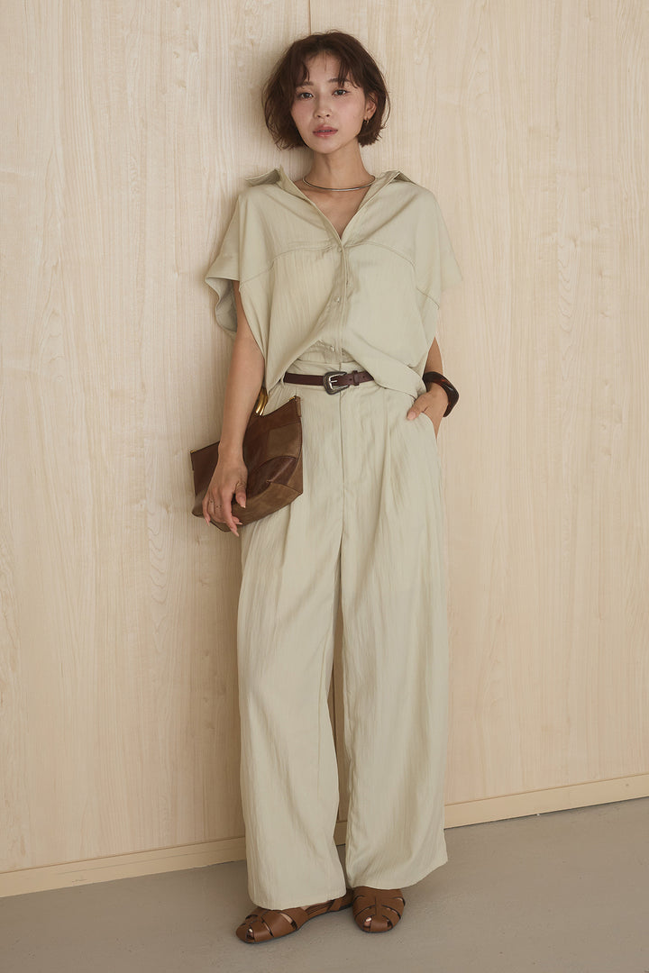 [SET]リネンライクランタンノースリシャツ+リネンライク2タックワイドパンツ(2set)