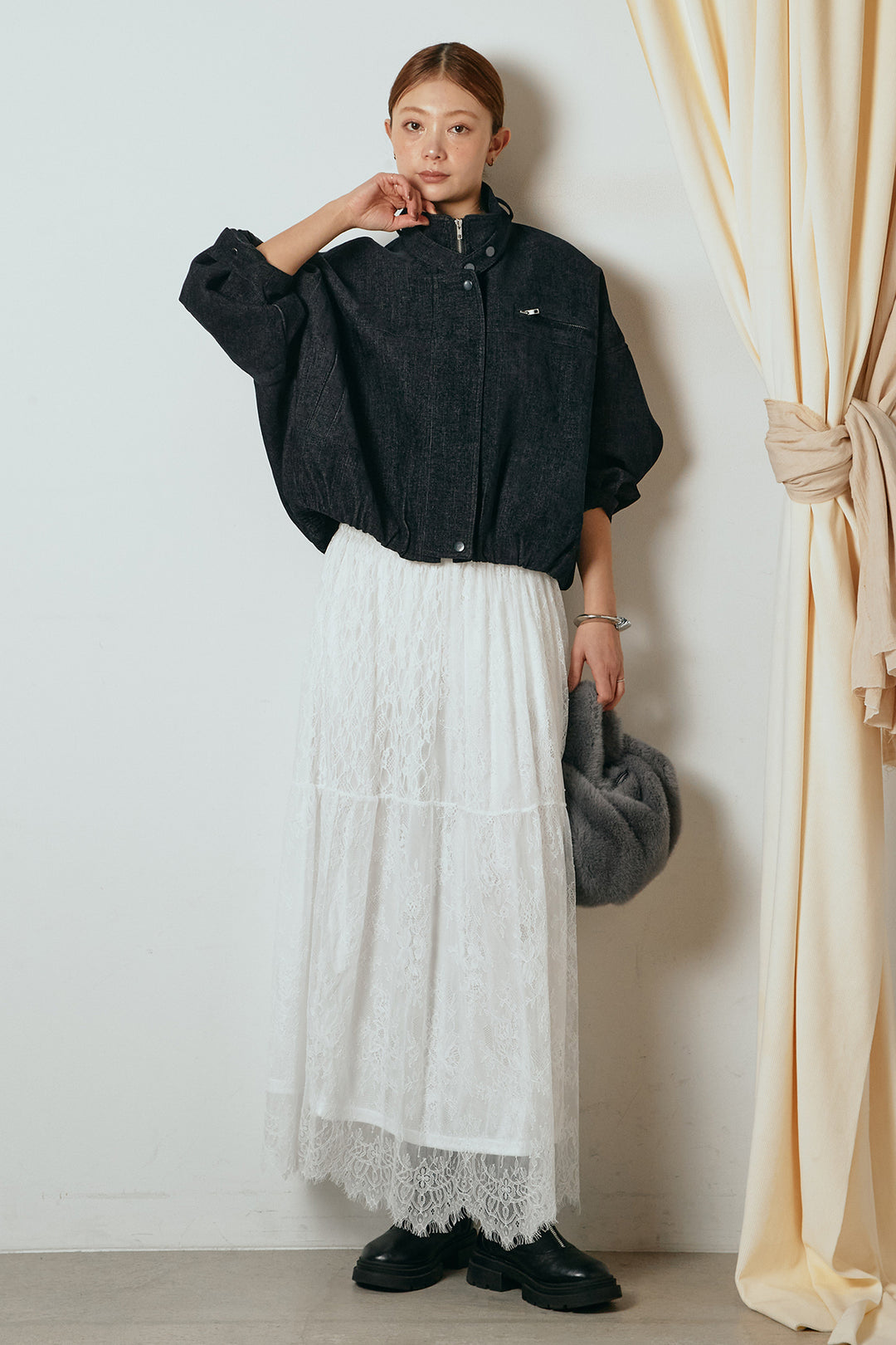 [SET]デニム調ハイネックブルゾン+ひげレース切替ロング丈スカート(2set)
