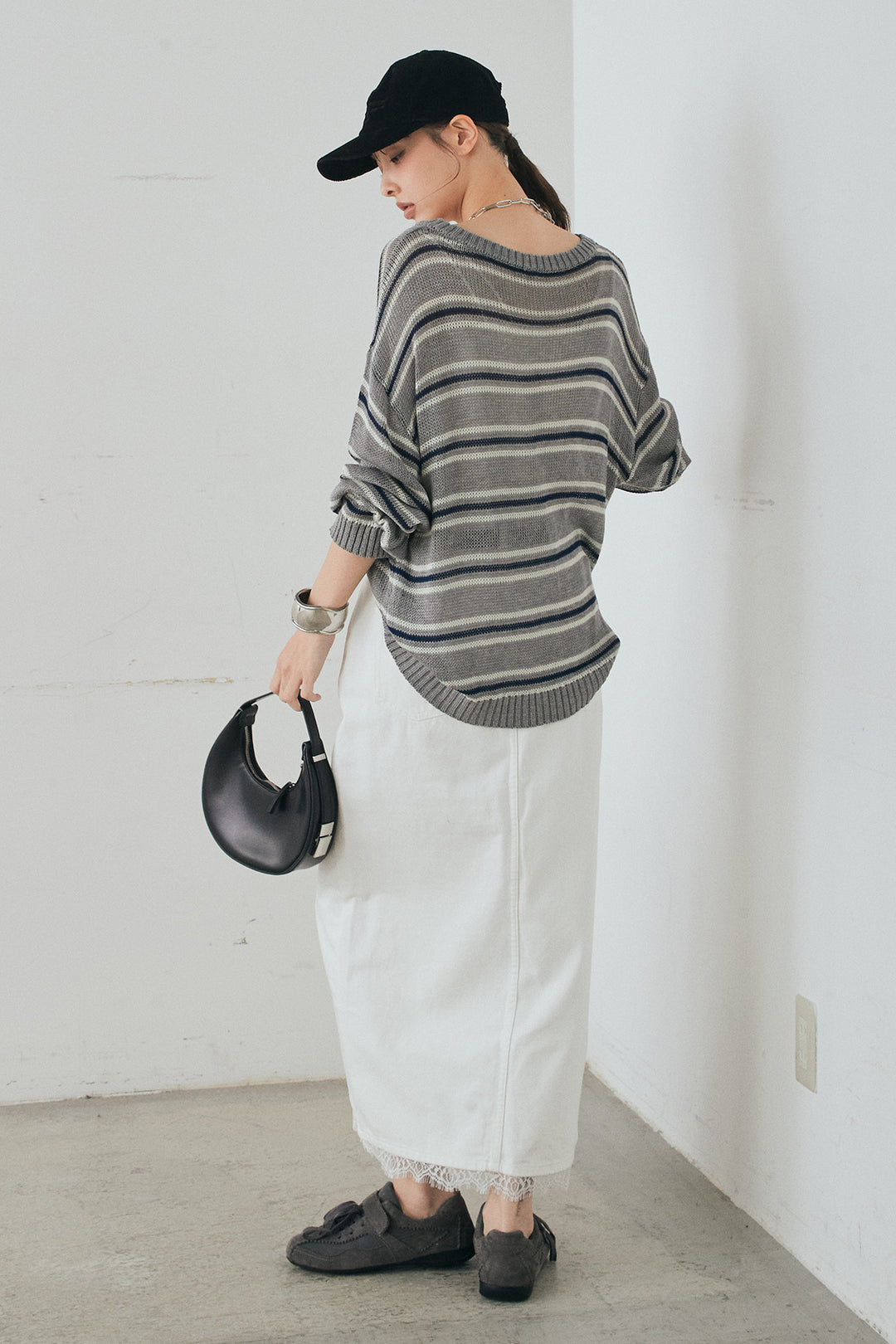 [SET]綿タッチVネックボーダートップス+裾レースデザインデニムスカート(2set)