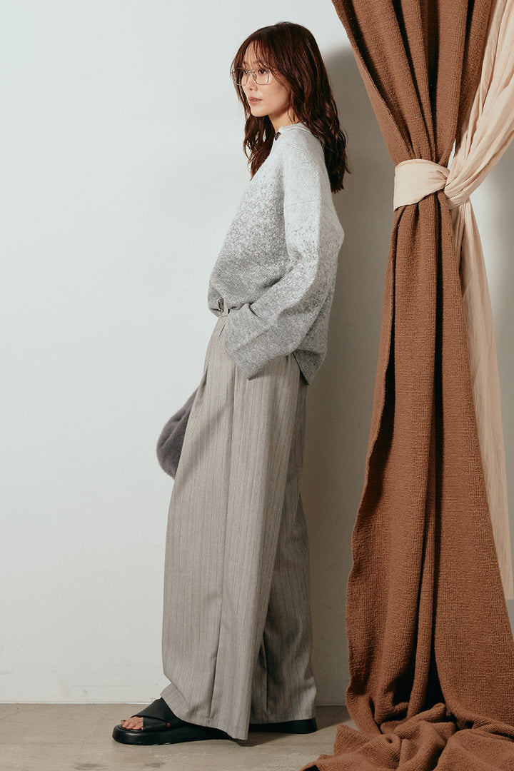 [SET]グラデーションラメニットキーネックプルオーバー+ストライプヘリンボーンパンツ(2set)