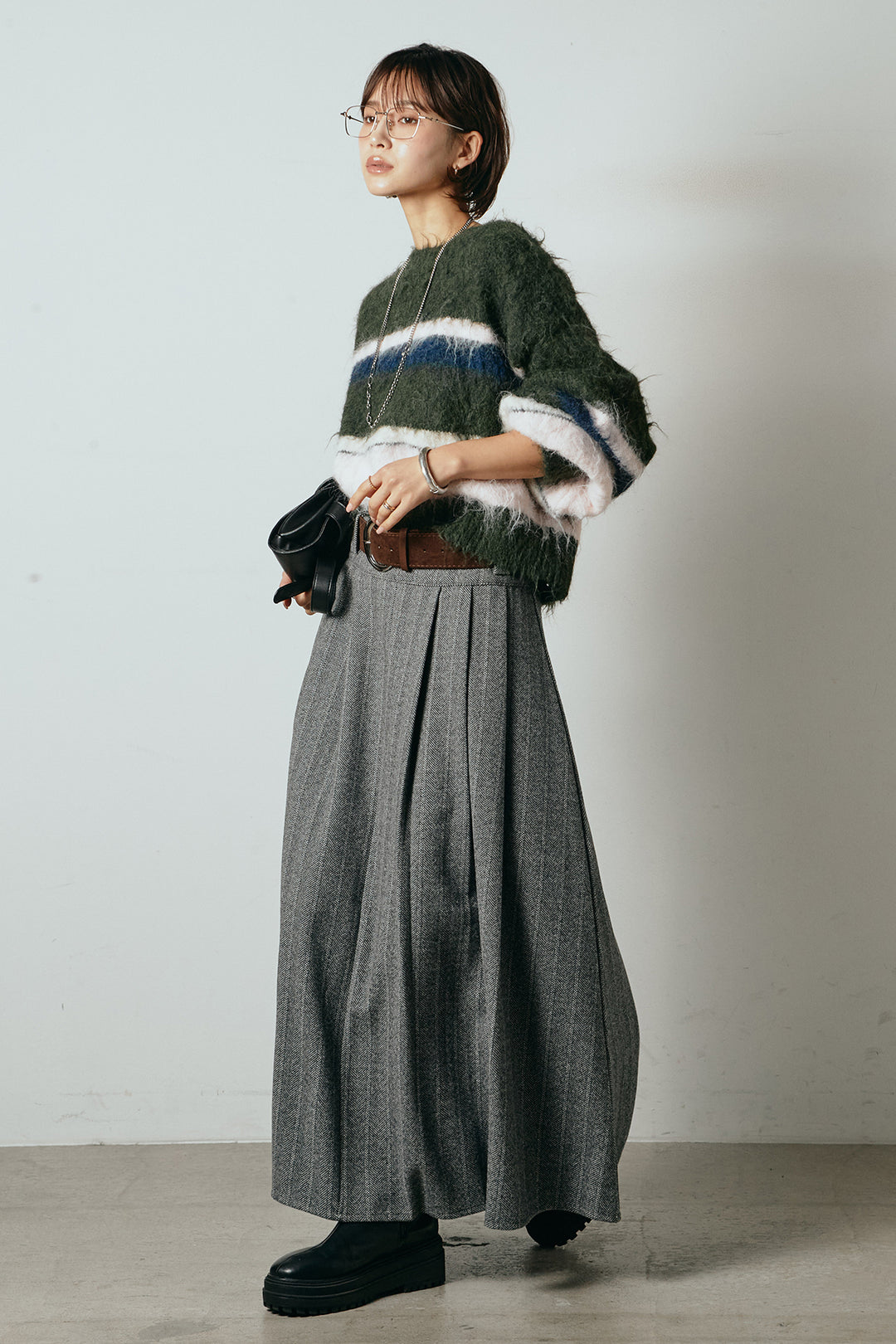[SET]起毛配色マルチボーダーニットトップス+太ベルト付きヘリンボーンプリーツスカート(2set)