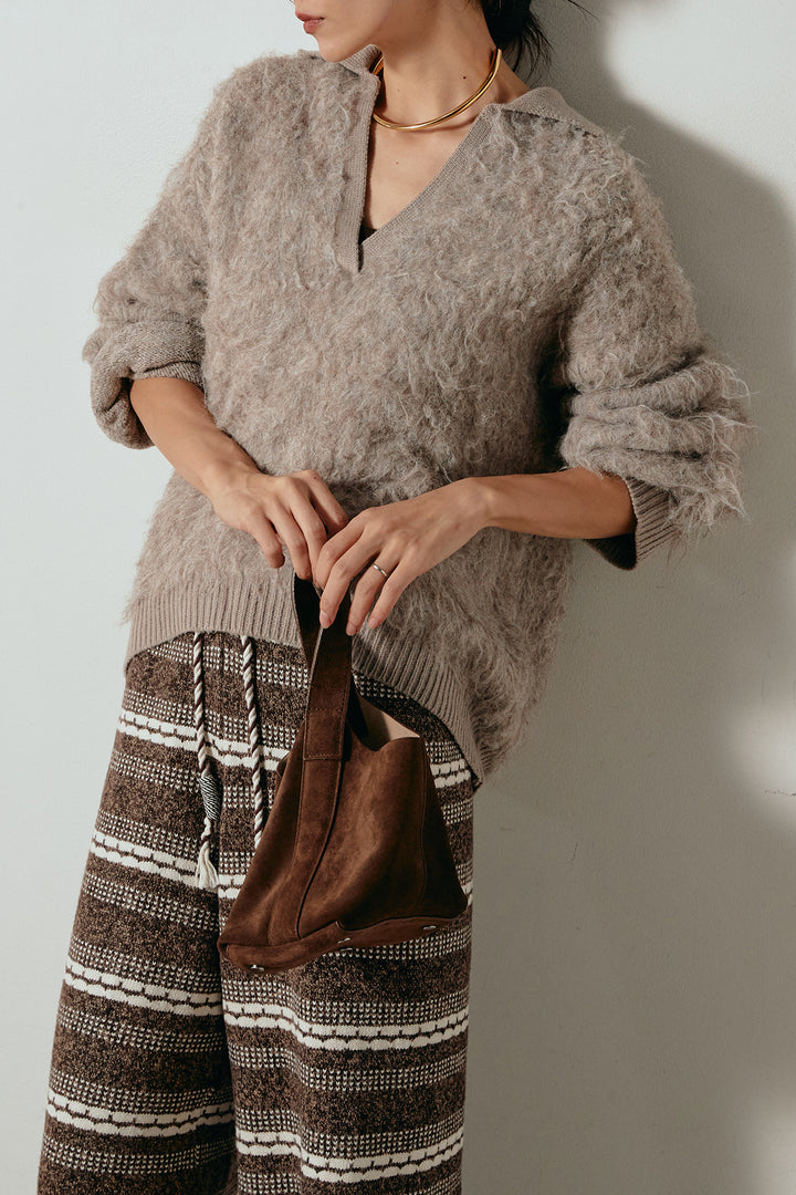 [SET]襟付きシャギーニットポロトップス+マルチライン柄リラックスニットパンツ(2set)