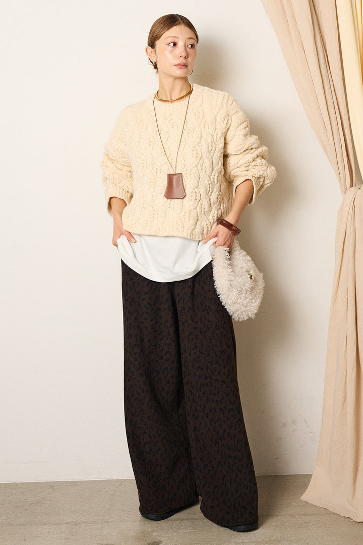 [SET]ケーブルリラックスショートニット+箔プリントBIGシルエットロングスリーブTシャツ+レオパードジャガードニットパンツ(3set)