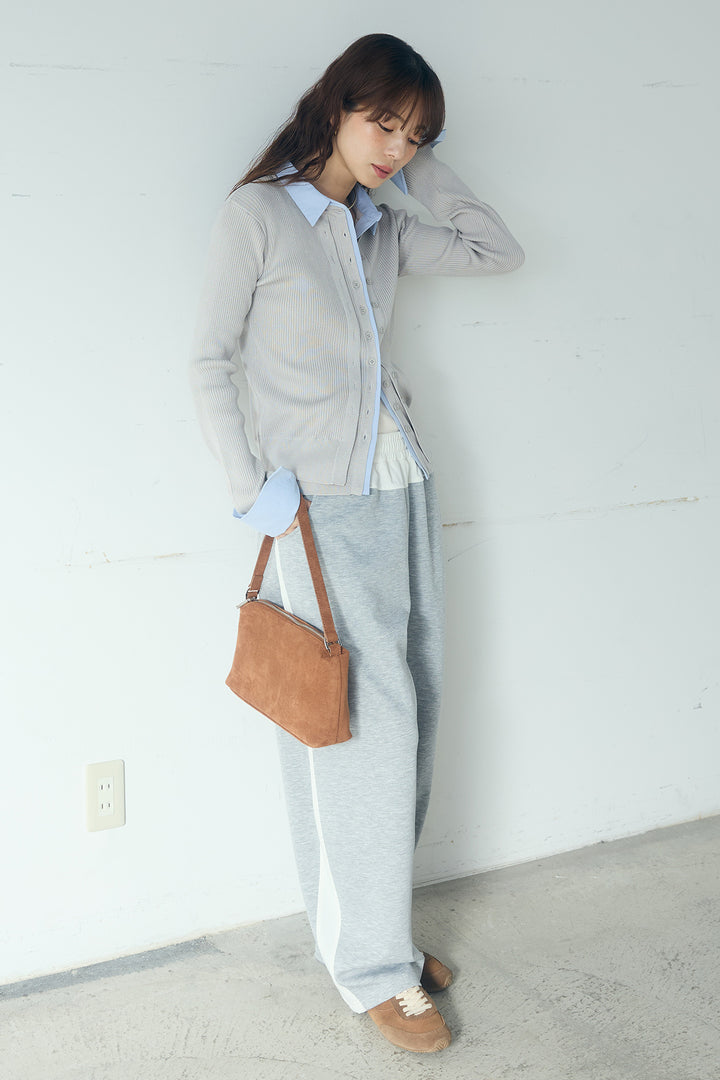 [SET]シャツドッキングボタンニットカーディガン+異素材切り替えスウェットパンツ(2set)