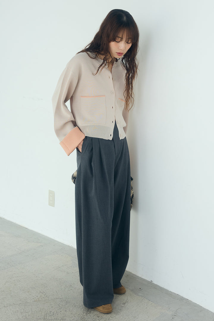 [SET]レーヨンポリダブルフェイスカーディガン+サイドベルトタック入りスラックス(2set)