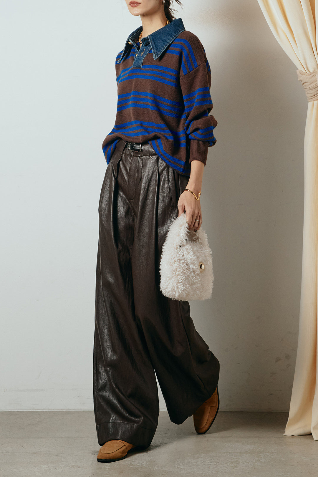 [SET]デニムレイヤード風ランダムボーダーニットプルオーバー+ベルト付きレザーライクタックパンツ(2set)