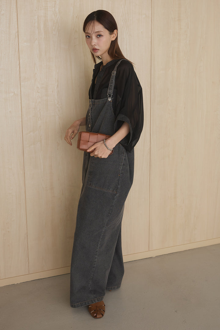 [SET]デニムライクビッグツーポケシアーシャツ+フロントボタンデニムサロペット(2set)