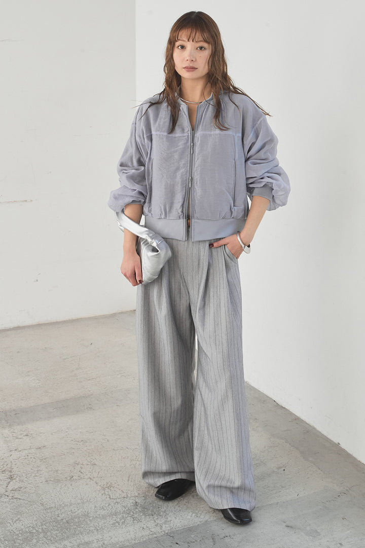 [SET]シアー×ポンチブルゾン+細ベルト付きピンストライプワイドパンツ(2set)