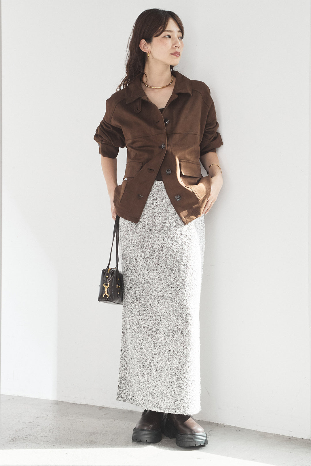 [SET]デカポケスエポンジャケット+ツイード風MIXスラブスカート(2set)