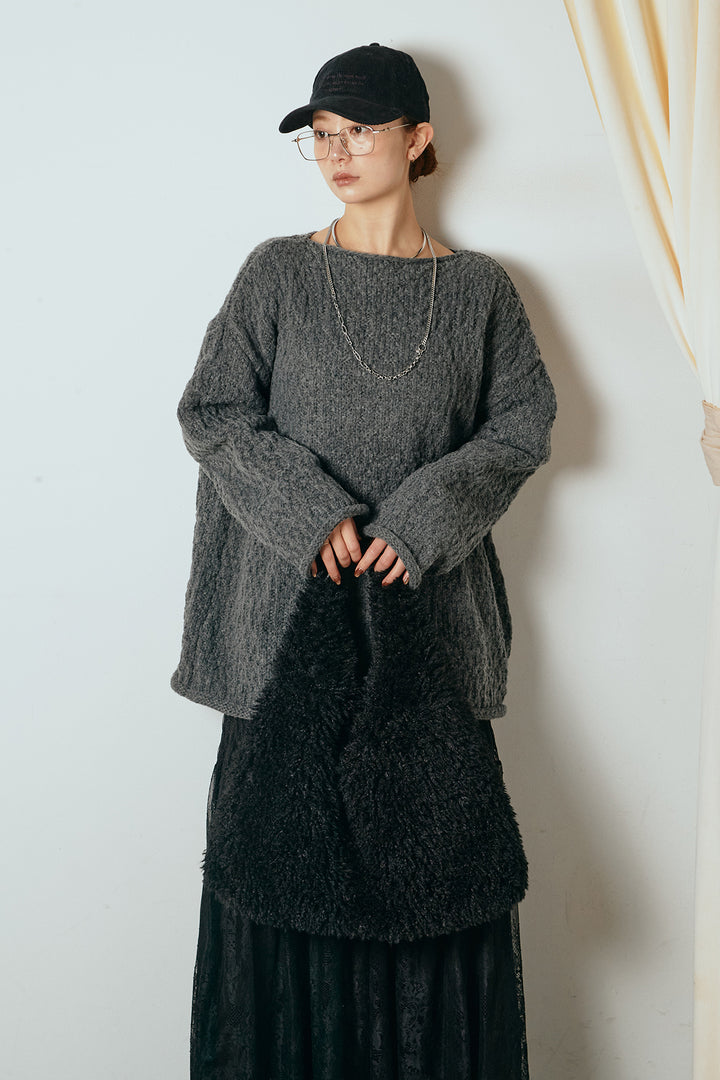 [SET]ボリューム編みニットプルオーバー+ひげレース切替ロング丈スカート(2set)
