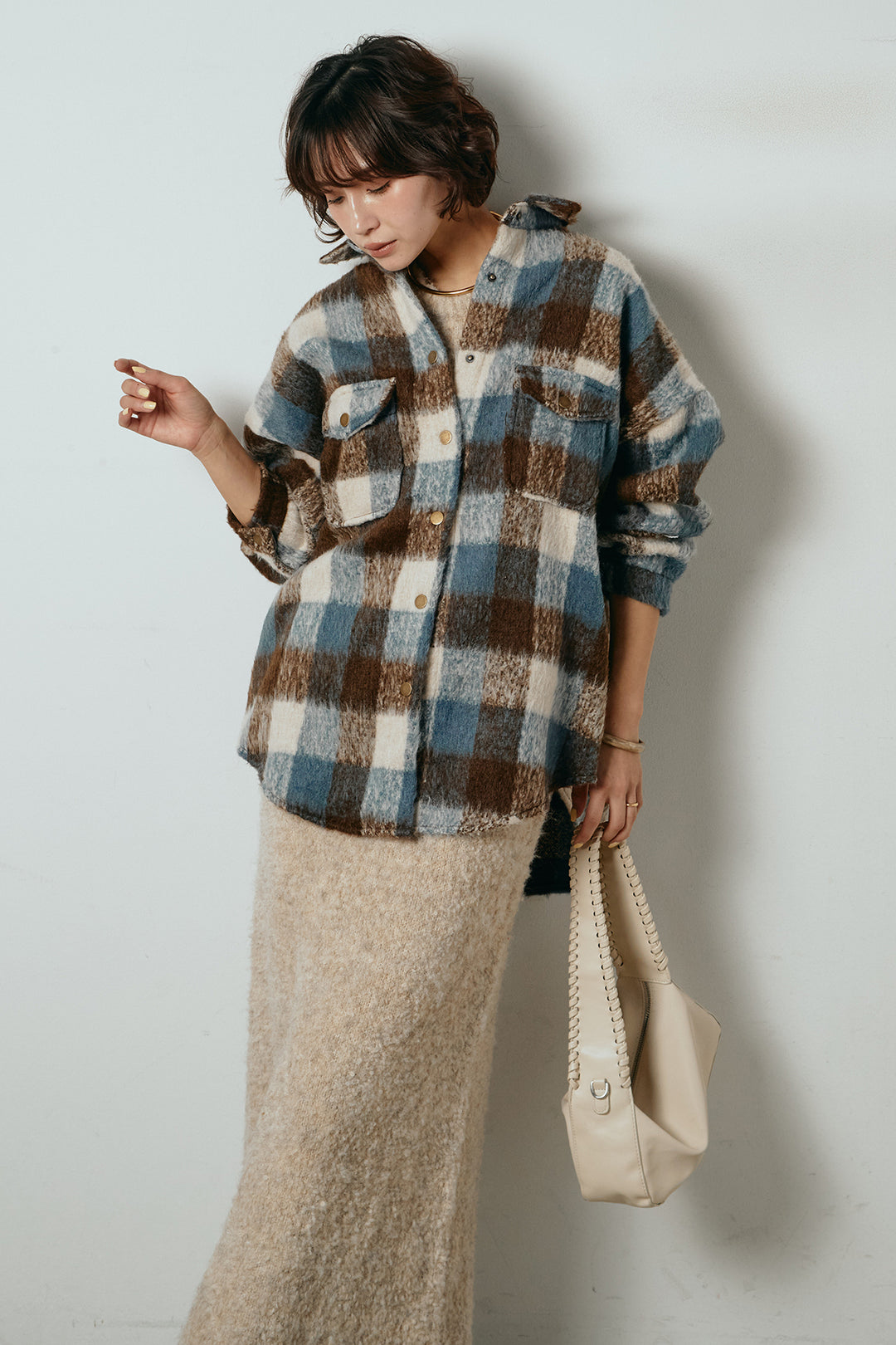 [SET]起毛チェック柄ポケットアウター+起毛ノースリーブニットロングワンピース(2set)