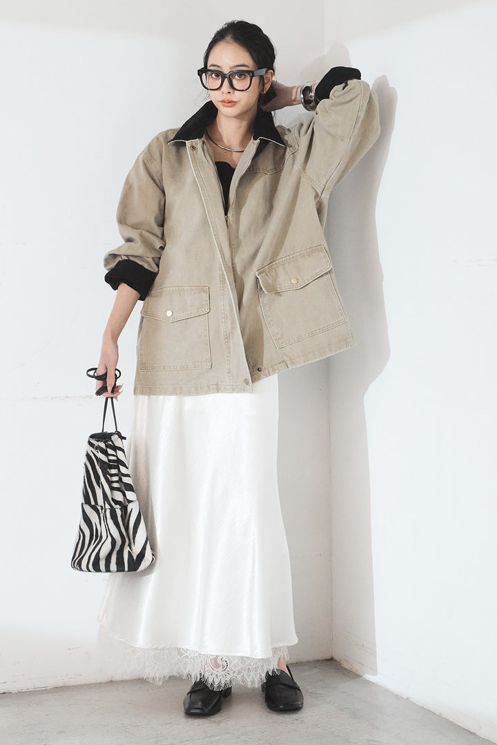 [SET]襟コーデュロイデザインデニム調カバーオール+裾レースデザインサテンスカート(2set)