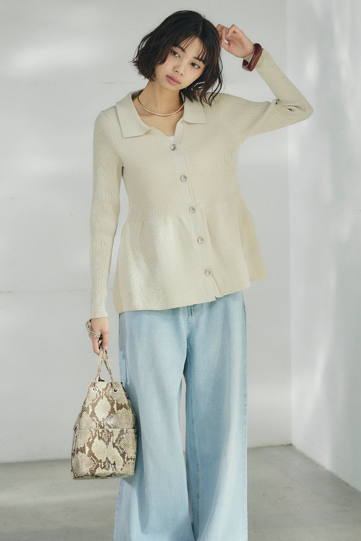 [SET]スキッパーペプラムニット+ウエスト裁ち切りデニムワイドパンツ(2set)