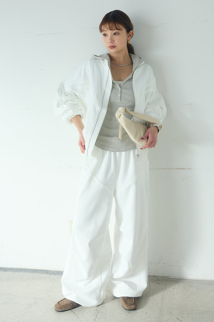 [SET]マルチ切り替えドルマンブルゾン+ランダムタックデザインワイドパンツ+ボーダーフーディーロンT(3set)