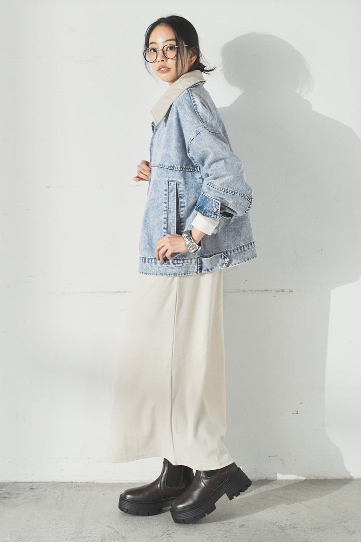 [SET]加工デニムレザー襟付きデニムブルゾン+カットリブレイヤードヘンリーネックワンピース(2set)