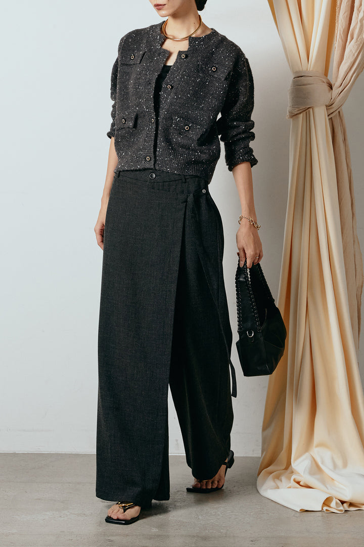 [SET]ネップニットカーディガン+ラップ巻きワイドスラックス(2set)