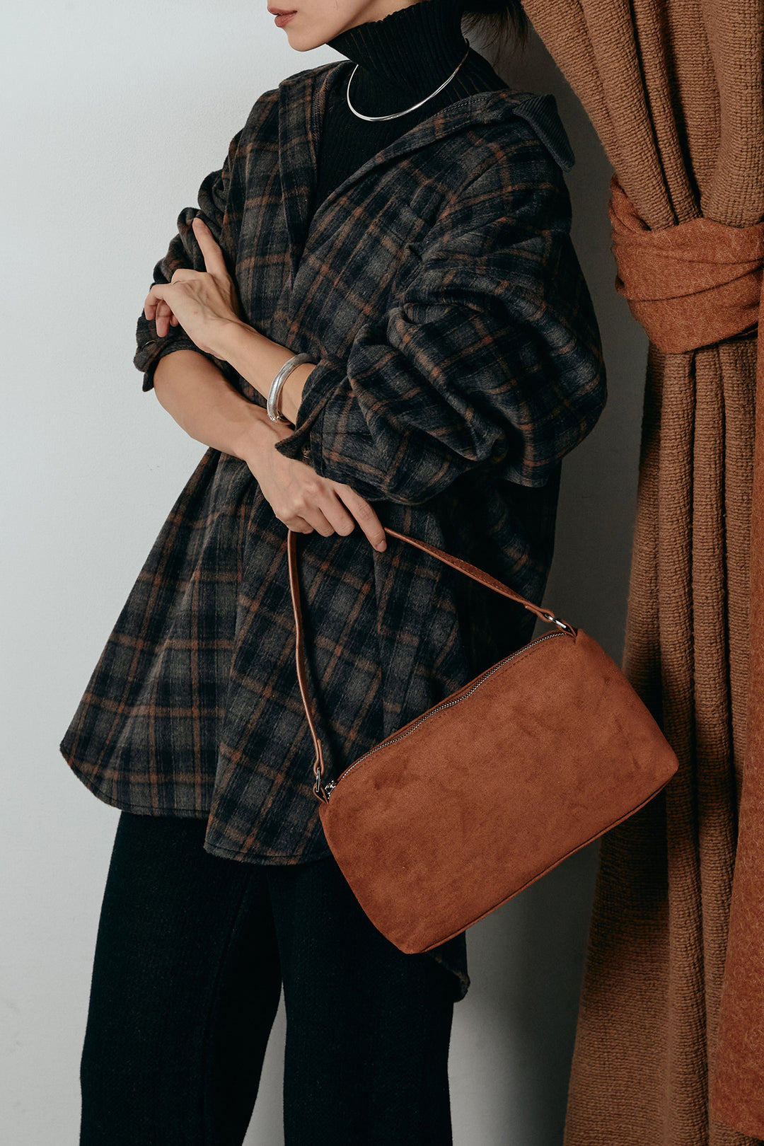 [SET]シャギーチェックシャツジャケット+ワイドリブニットイージーパンツ+リブニットシームレスタートルプルオーバー(3set)