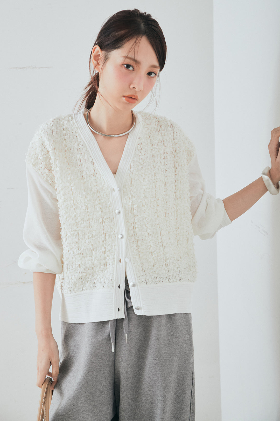 [SET]モコレースVネックカーディガン+カットダンボールウエストフリルカーブパンツ(2set)