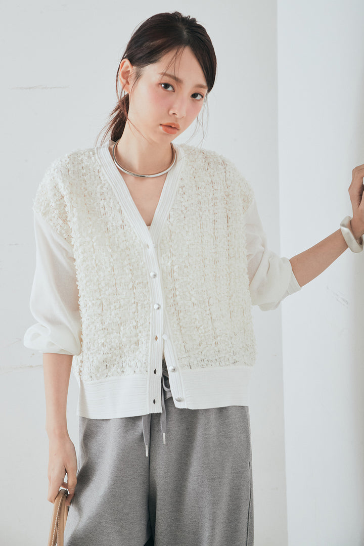 [SET]モコレースVネックカーディガン+カットダンボールウエストフリルカーブパンツ(2set)