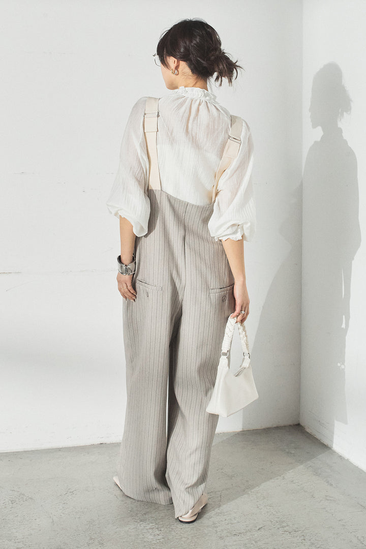 [SET]フロントリボンフリルブラウス+ピンストライプツータックサロペット(2set)