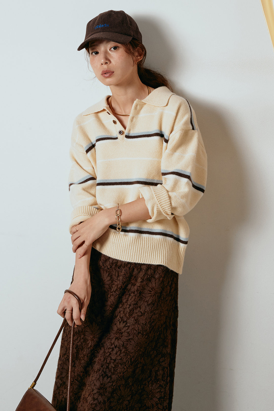 [SET]襟付きマルチボーダーニットポロトップス+花柄刺繍ベロアフレアスカート(2set)