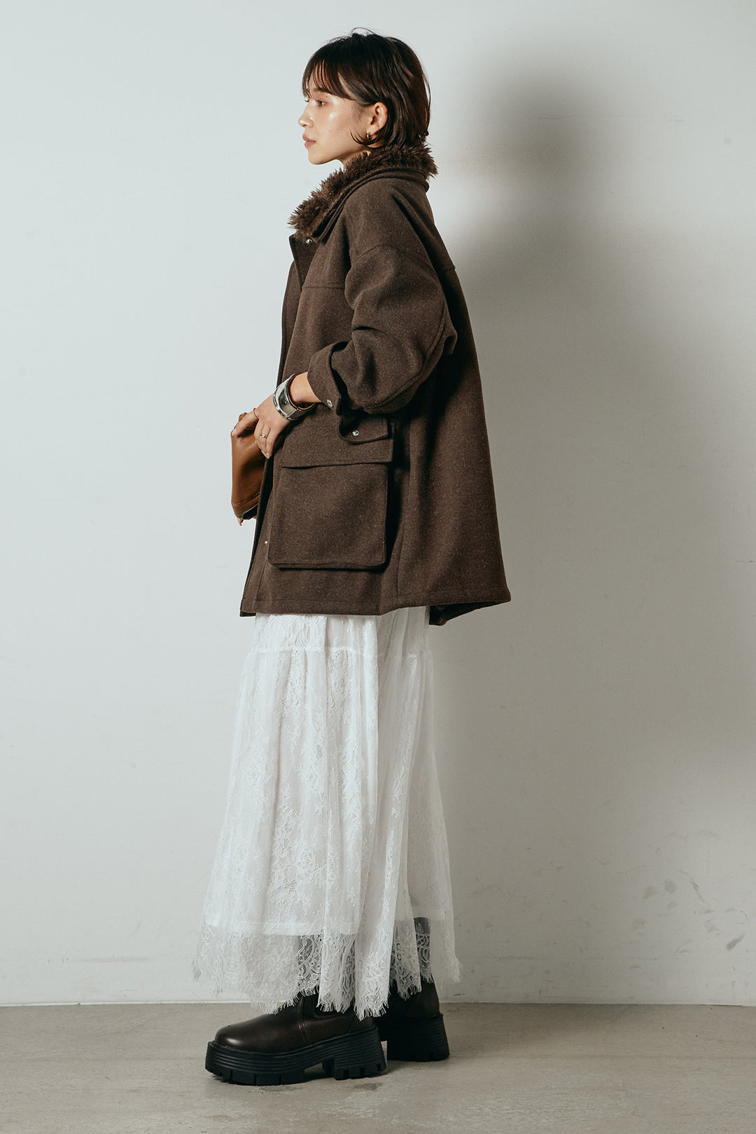 [SET]エコウール衿ファー薄中綿入りミドルカバーオール+ひげレース切替ロング丈スカート(2set)