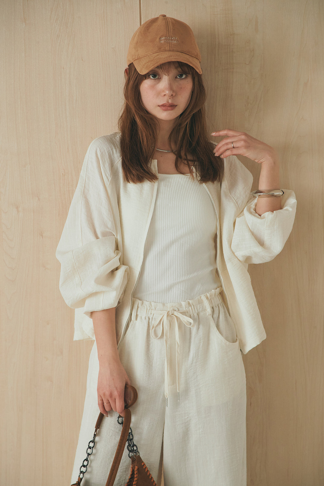 [SET]麻混ノーカラーブルゾン+麻混ウエストドロストパンツ(2set)